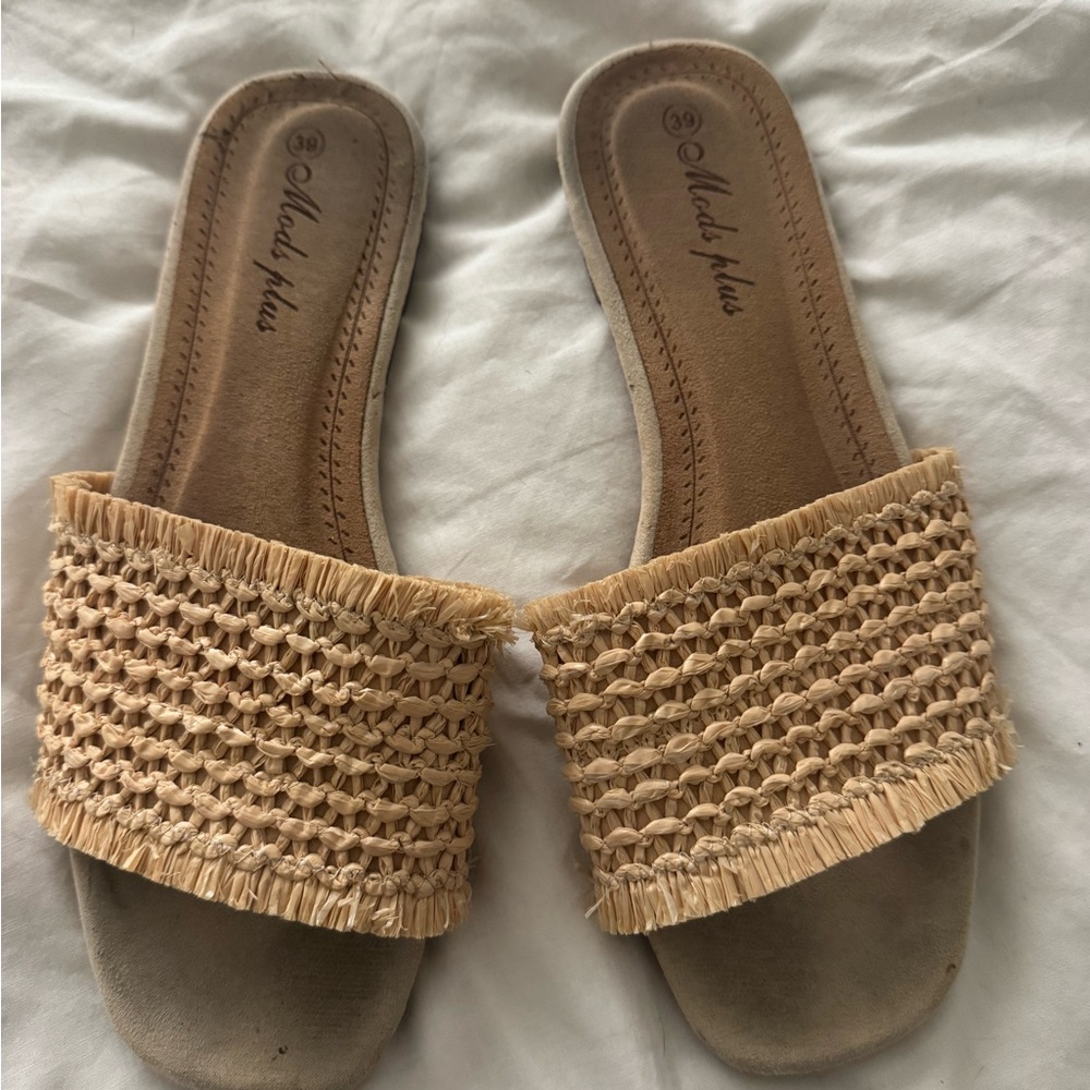 Beige Woven Women's Slides